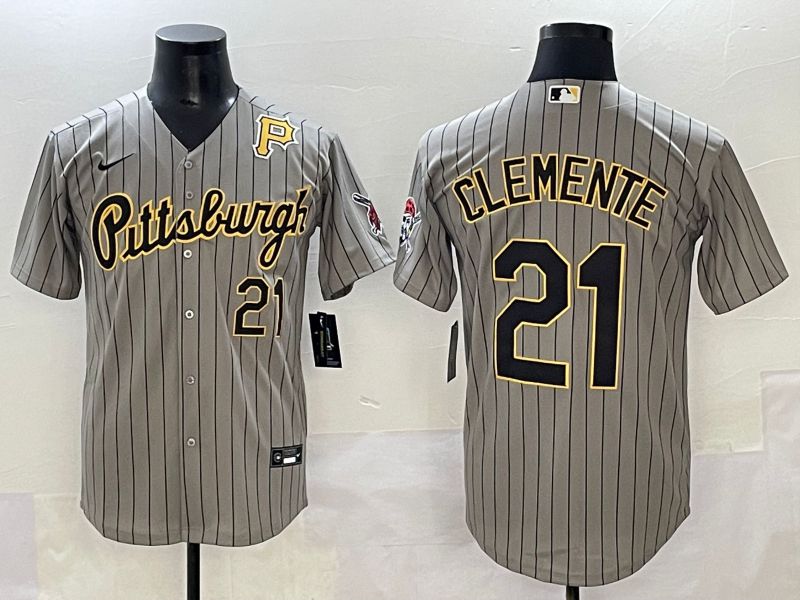 Men 2025 Pittsburgh Pirates #21 Clemente Grey Stripe Throwback Nike MLB Jersey style 3->texas rangers->MLB Jersey
